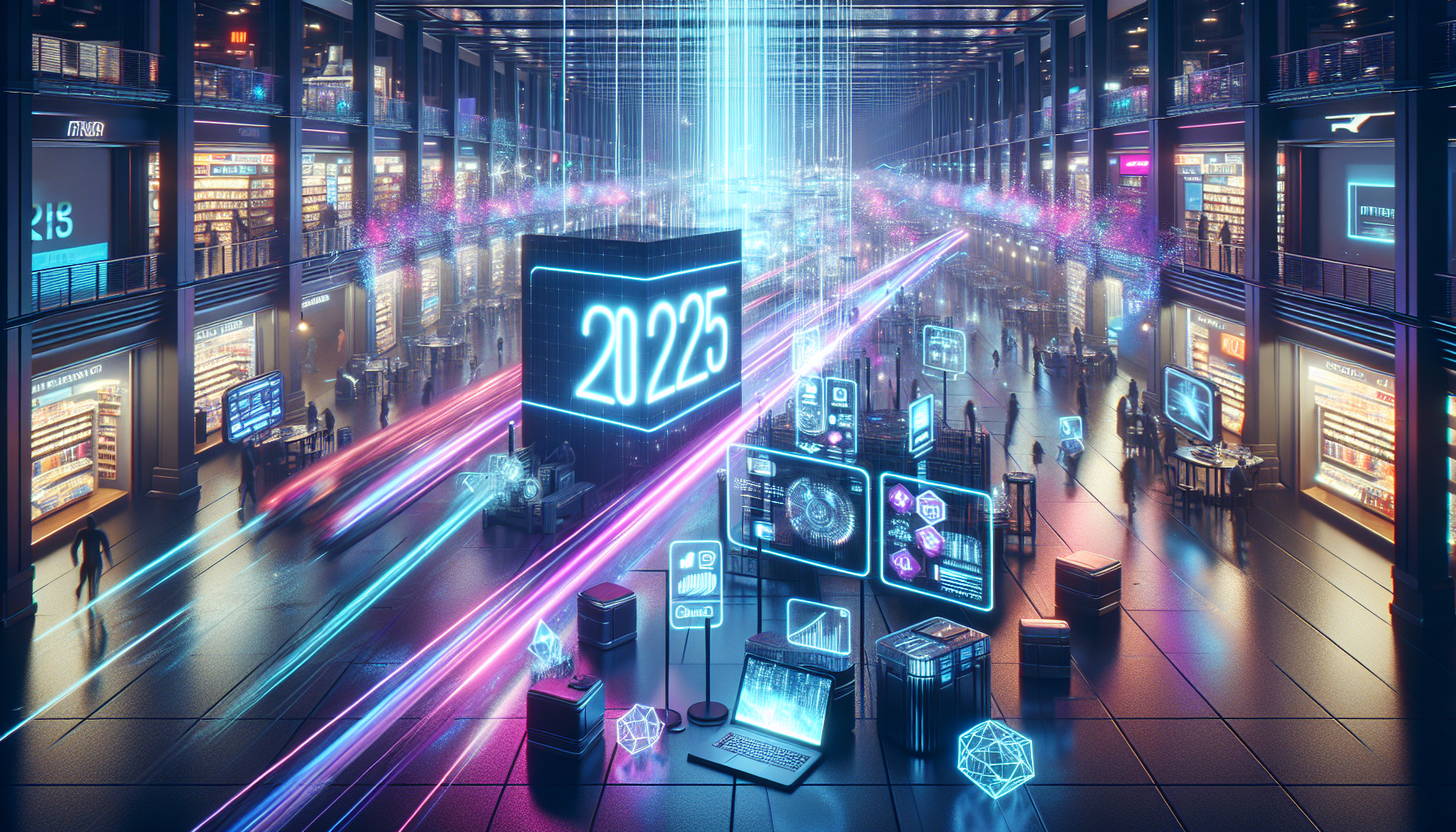 A photorealistic image of a bustling marketplace in a technological environment, dominated by shades of blue, pink, and purple, with a large 3D number "2025" prominently displayed in the center.