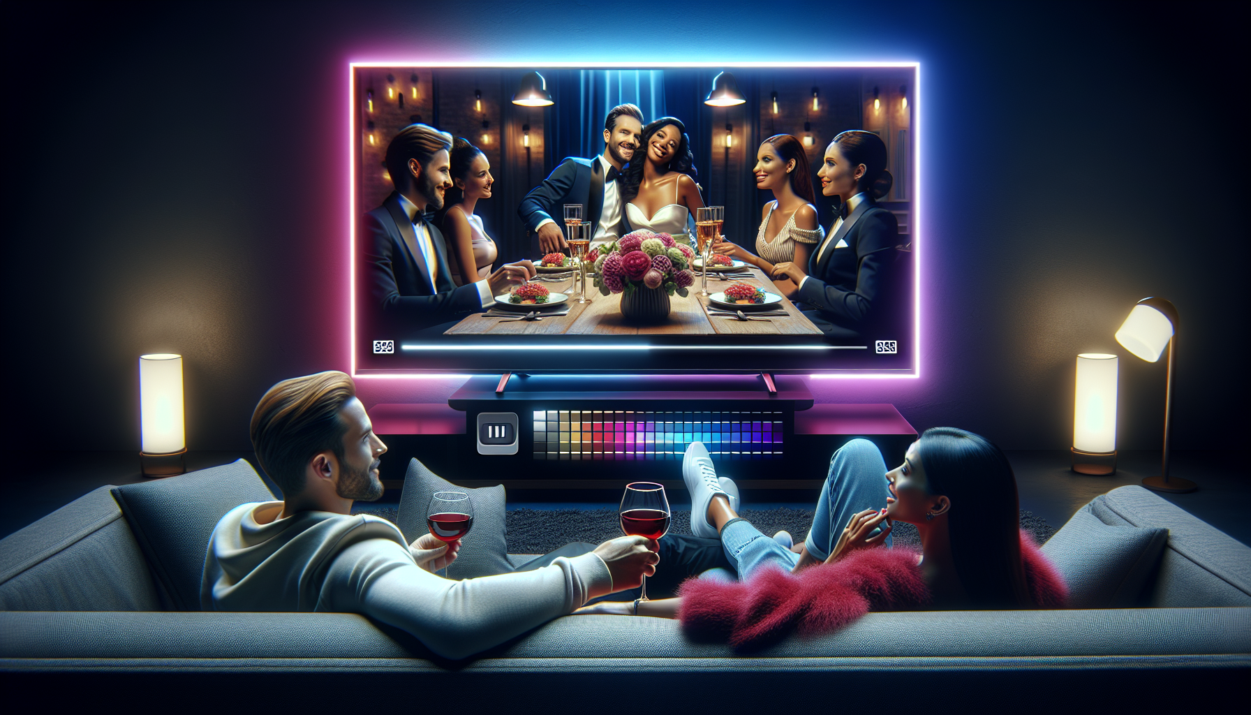 A photorealistic scene showing a movie playing on a TV, where a happy couple in modern clothes and accessories are seated at a table within the movie. An AI interface is highlighting and creating emphasis on the products they're using, using shades of dark blue, pink, and purple. In the foreground, another couple is watching this TV from a comfortable sofa, visibly engaged and interested in the streaming product placement being showcased.