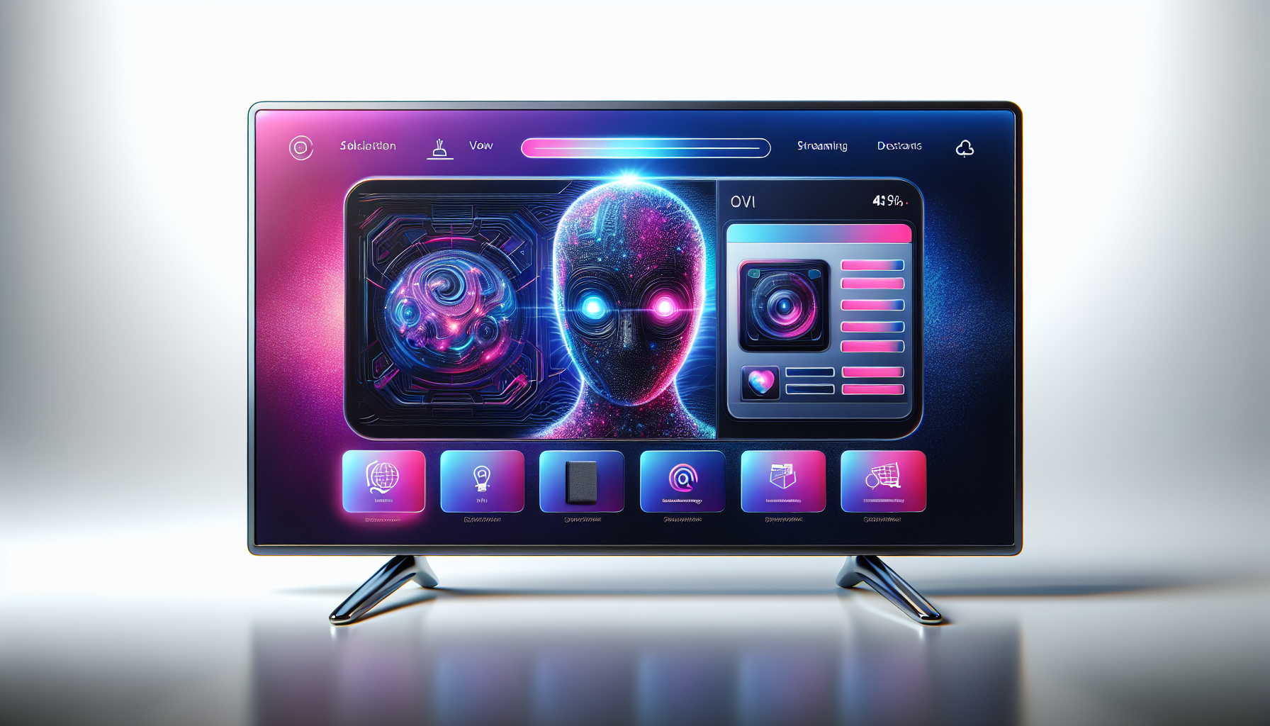 A photorealistic image of a sleek, modern TV displaying a vibrant e-commerce site, with shades of dark blue, pink, and purple dominating the scene. An AI interface is visibly enabling users to identify and select products directly from a live streaming session.